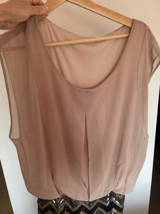 Vestido fiesta lentejuelas y gasa beige