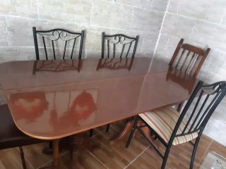 Mesa libro comedor madera y 4 sillas forja