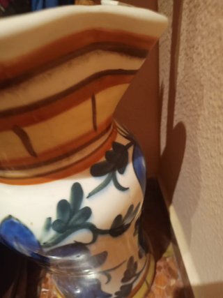 Jarrón Paragüero Cerámica Azul y Beige Vintage