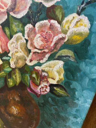 Cuadro óleo original, jarrón rosas.
