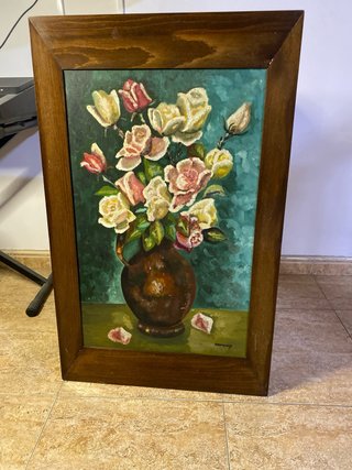 Cuadro óleo original, jarrón rosas.