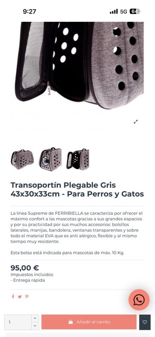 Transportín perro/gato gris y negro