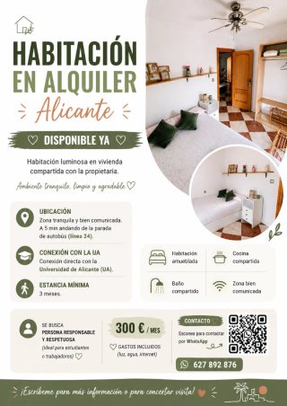 Habitación en alquiler Alicante cerca Universidad