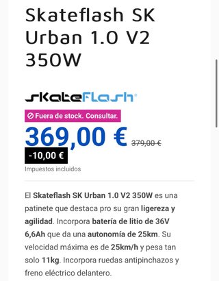 Patinete Eléctrico Skateflash SK Urban 1.0 V2 350W