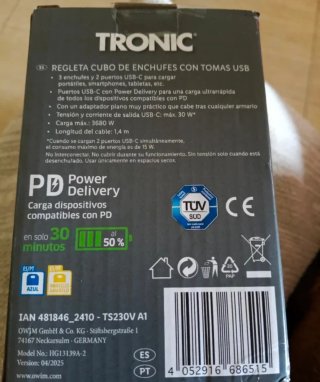 Regleta Cubo Tronic con 3 Enchufes y 2 USB-C