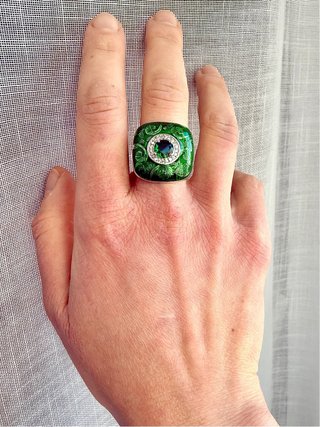Anello Argento S925 Verde Smaltato e Zirconi