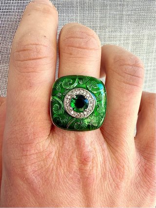 Anello Argento S925 Verde Smaltato e Zirconi