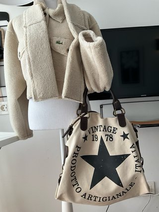 Bolso shopper beige grande lona y piel estrella