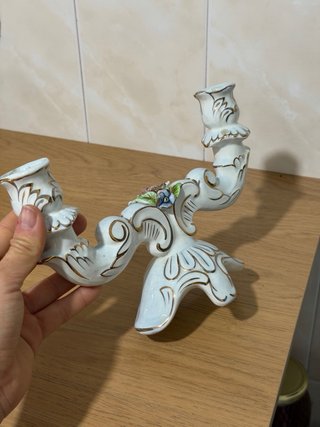 Candelabro Cerámica 2 Velas Dorado Blanco