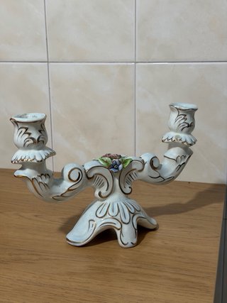 Candelabro Cerámica 2 Velas Dorado Blanco