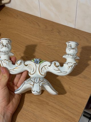 Candelabro Cerámica 2 Velas Dorado Blanco