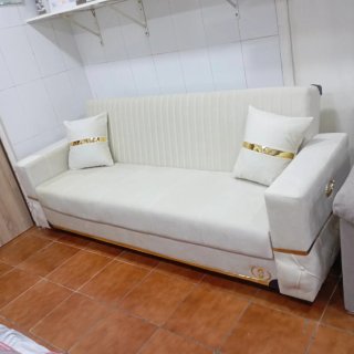 Sofá Cama Tela Beige y Dorado