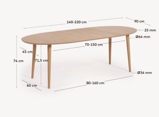 Mesa extensible oval Oqui en chapa de roble y patas de madera maciza Ø 140 (220) x 90 cm
