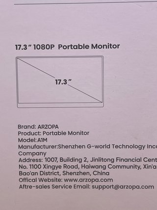 Monitor Portátil ARZOPA 17.3 Negro/Blanco