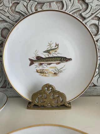 Set Platos+Fuente+salsera.Peces y oro Porcelana