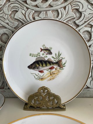 Set Platos+Fuente+salsera.Peces y oro Porcelana