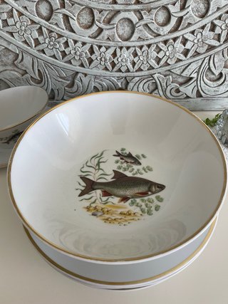 Set Platos+Fuente+salsera.Peces y oro Porcelana