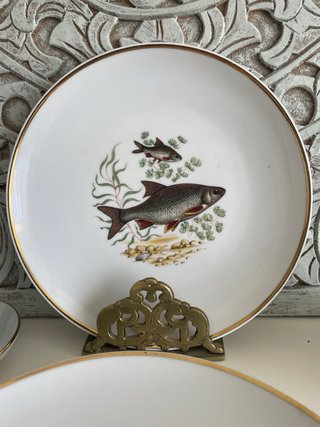 Set Platos+Fuente+salsera.Peces y oro Porcelana