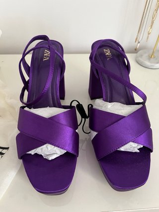 Sandalias Zara Tacon Satin Morado Plataforma Talla