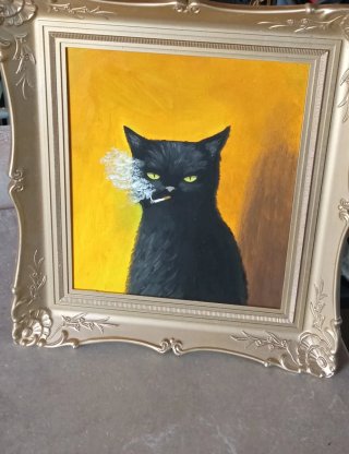 Quadro olio su tela gatto nero fumatore