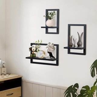 Set 3 Scaffali a Parete Nero in Legno e Metallo
