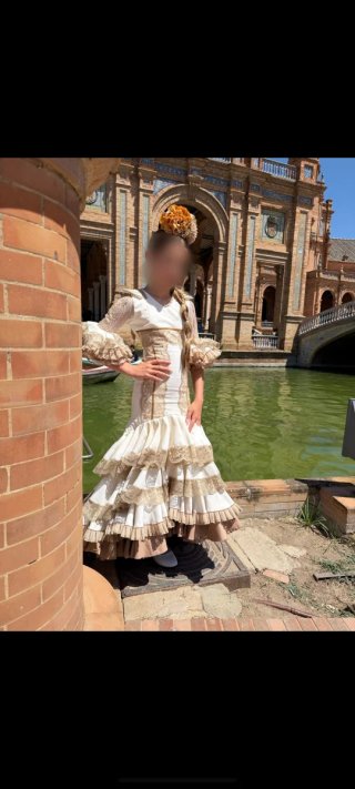 Traje Flamenca Niña Blanco y Beige