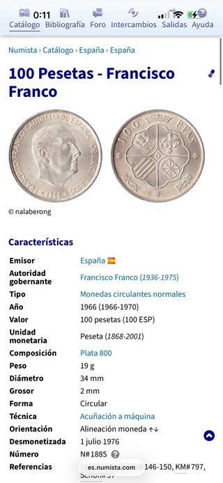 Moneda 100 Pesetas Franco 1966 Plata 800, 19gr