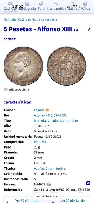 Moneda Plata 5 Pesetas, 25 gr plata 900