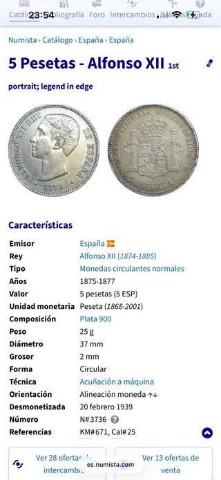 Moneda 5 Pesetas 1876, 25 gr plata 900