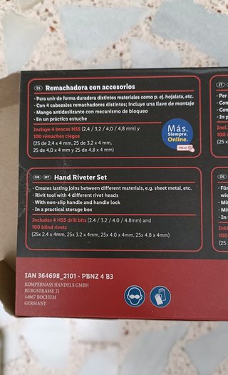 Remachadora Parkside con 4 brocas y 100 remaches