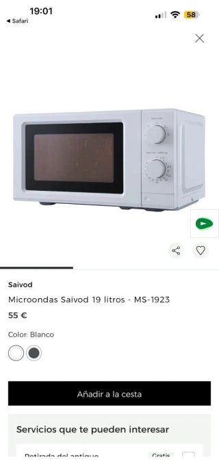 Microondas blanco saivod 19 litros