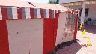 Roulotte, caravana, tienda campaña remolque.