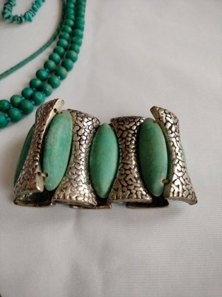 Pulsera elástica vintage plateada turquesa