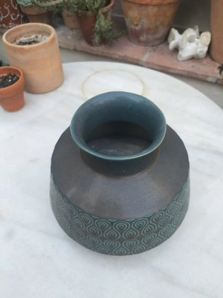 Jarrón vintage cerámica marrón y verde azulado