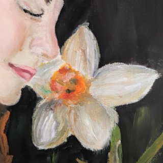 Pintura acrílica: Retrato mujer y flor