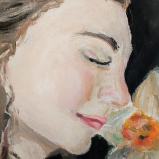 Pintura acrílica: Retrato mujer y flor