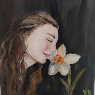 Pintura acrílica: Retrato mujer y flor