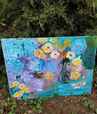 Dipinto Roselline e Ortensie