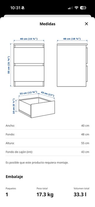 Mesita de noche IKEA MALM 2 cajones