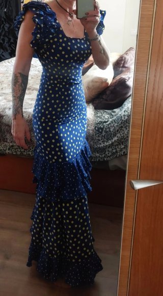 Traje Flamenca Azul Lunares Amarillos