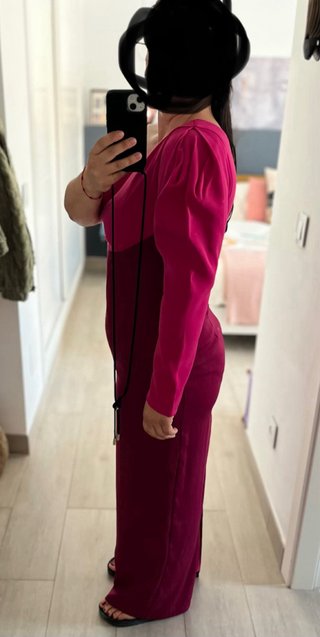 Vestido fiesta un hombro rosa y morado remolacha