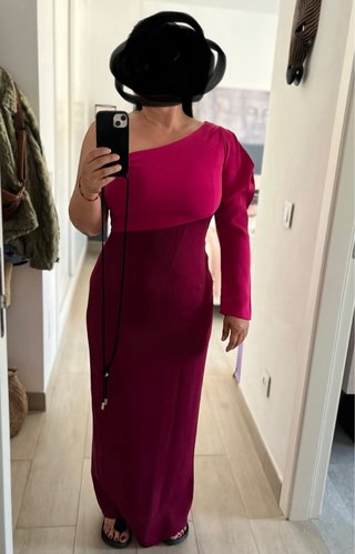 Vestido fiesta un hombro rosa y morado remolacha