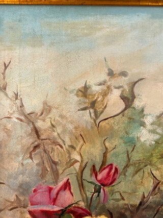 Antiguo óleo sobre lienzo Rosas