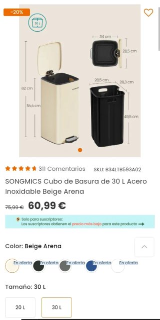 SONGMICS Cubo de Basura de 30 L Acero Inoxidable