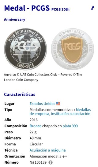 Medalla PCGS 30 Aniversario 2016