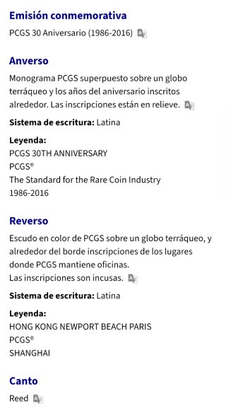 Medalla PCGS 30 Aniversario 2016