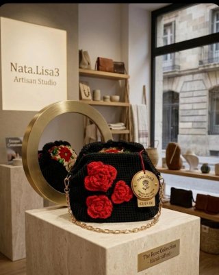 Bolso Clutch Artesanal Negro con Flores Rojas