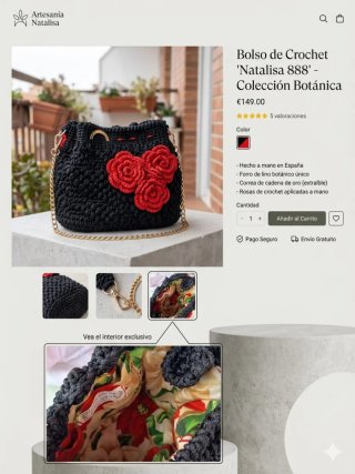 Bolso Clutch Artesanal Negro con Flores Rojas