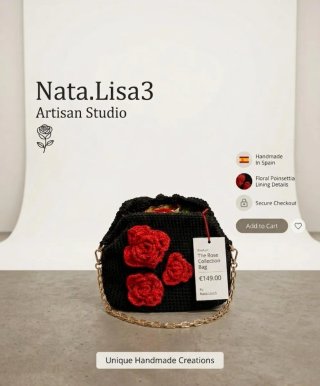 Bolso Clutch Artesanal Negro con Flores Rojas