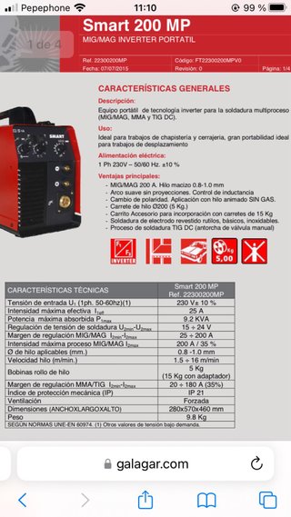 Equipo soldador Galagar Smart 200 MP